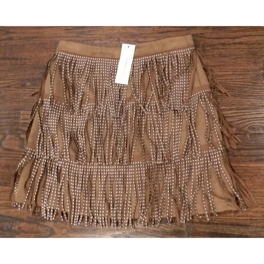 Francesca's Mi Ami Brown Mini Fringe Skirt Women's Size XS NWT